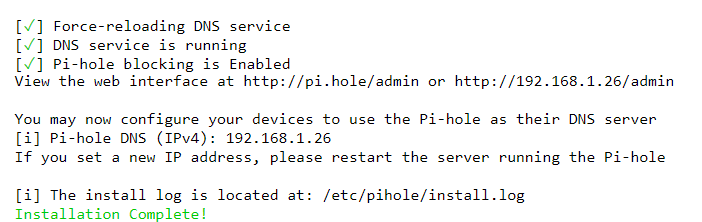 Confirmation d'installation PiHole